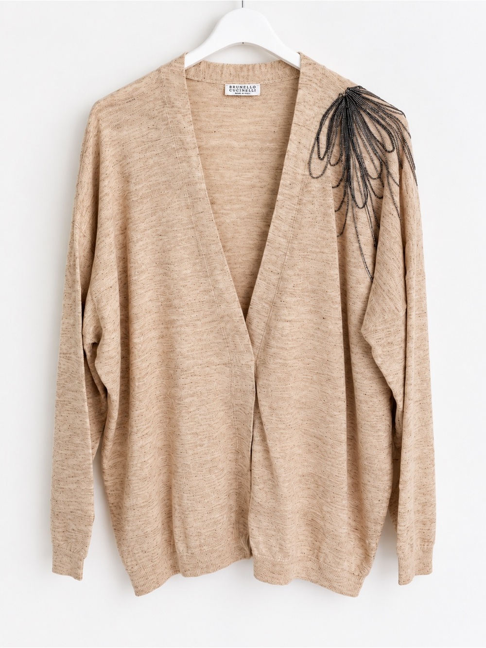 Brunello Cucinelli Linen Blend Beaded Shoulder Cardigan Size L Italy